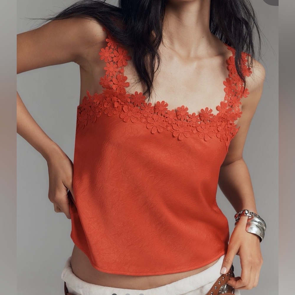 Anthropologie Blue Tassel Red Floral Lace Strap Tank Top M Medium